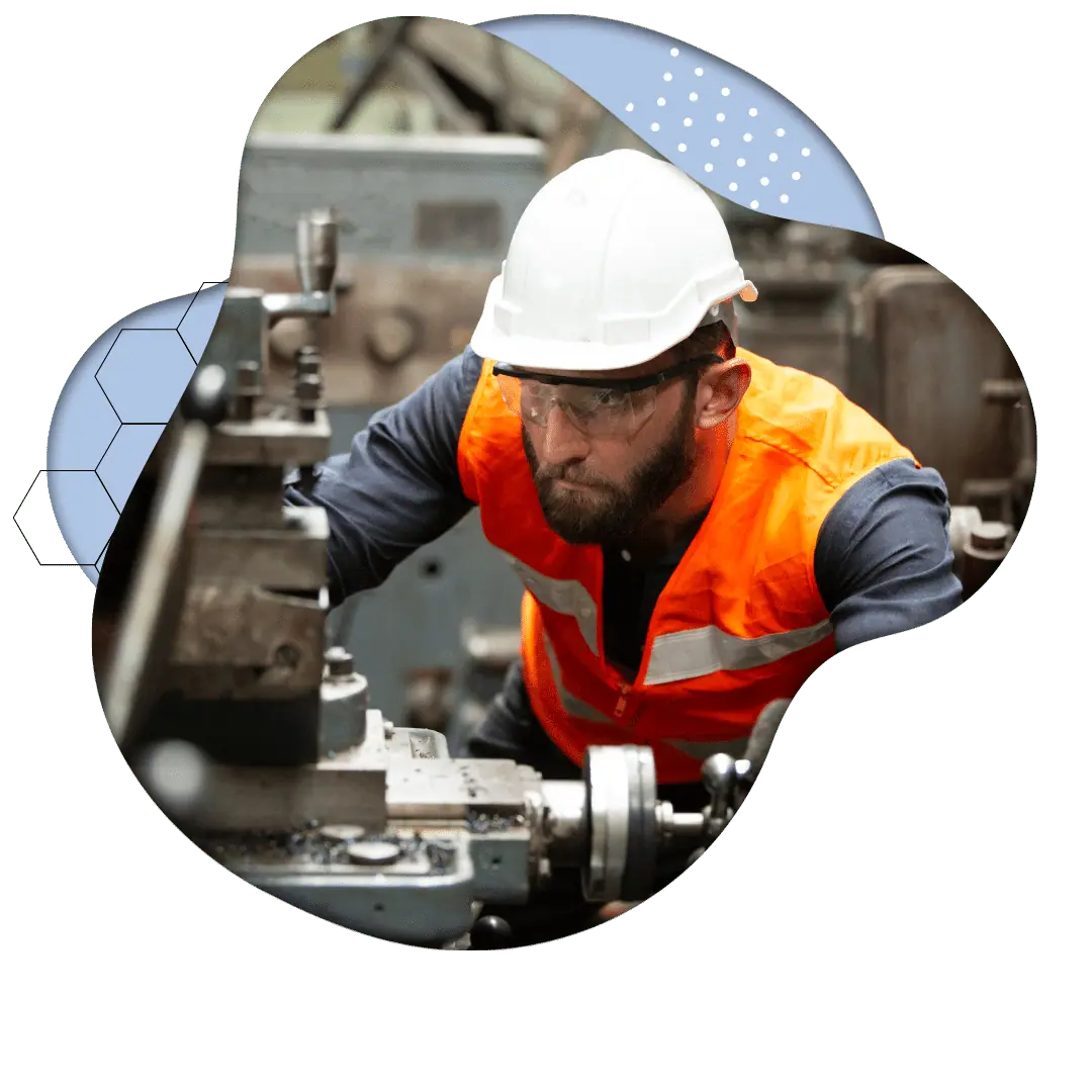 This is a designed image of a man working on a CNC machine